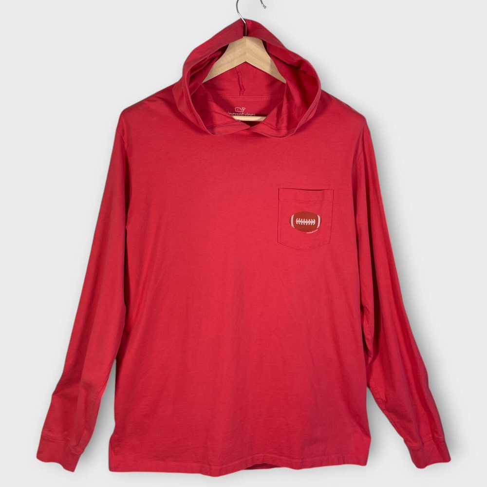 🦜 Vineyard Vines Hoodie T-Shirt LARGE Embossed Whale Football 100% Cotton